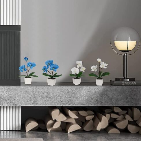 Mini Artificial Silk Orchid Potted Flowers - 4pcs Real Touch Fake Small Plants in Ceramic Vase for Home Office Bathroom Living Room,Tiny Faux Table Shelf Decor Indoor in Kuwait