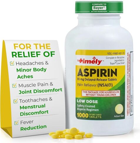 Timely - Low Dose Aspirin 81mg - 1000 Count - Compared to the active ingredient in Bayer Low Dose - Enteric Coated Low Strength - Pain Reliever for Minor Aches and Pains, Fever Reducer - Made in USA in Kuwait