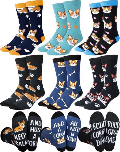 6 Pairs Dog Socks for Men Novelty Dog Dad Gift Pug Corgi Crew Socks for Puppy Lover Father's Day Gift in Kuwait