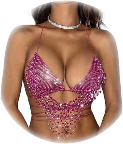 Bikini Rhinestone Bra Chain Jewelry Crystal Backless Tank Top Summer Rhinestone Tassel Mesh Underwear Chain Festival Rave Lingerie Jewelry for Women in Kuwait