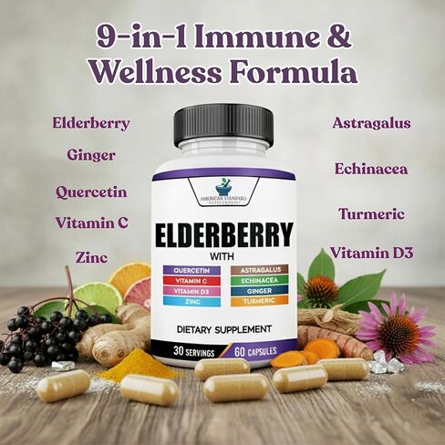 American Standard Supplements Elderberry Extract with Quercetin, Vitamin C, D3, Ginger, Zinc, Turmeric & Echinacea – Immune Support Supplement – – 60 Capsules in Kuwait