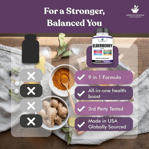 American Standard Supplements Elderberry Extract with Quercetin, Vitamin C, D3, Ginger, Zinc, Turmeric & Echinacea – Immune Support Supplement – – 60 Capsules in Kuwait
