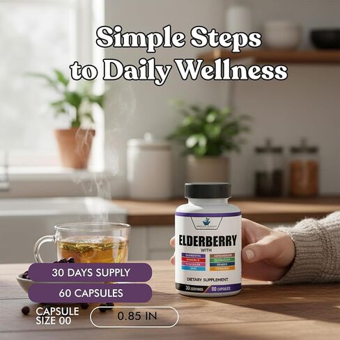 American Standard Supplements Elderberry Extract with Quercetin, Vitamin C, D3, Ginger, Zinc, Turmeric & Echinacea – Immune Support Supplement – – 60 Capsules in Kuwait