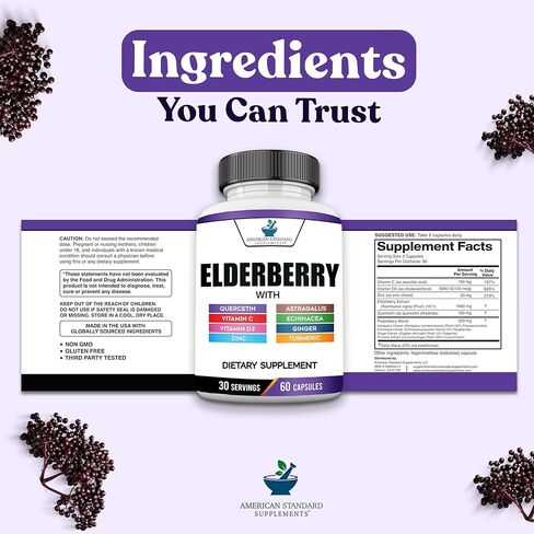 American Standard Supplements Elderberry Extract with Quercetin, Vitamin C, D3, Ginger, Zinc, Turmeric & Echinacea – Immune Support Supplement – – 60 Capsules in Kuwait