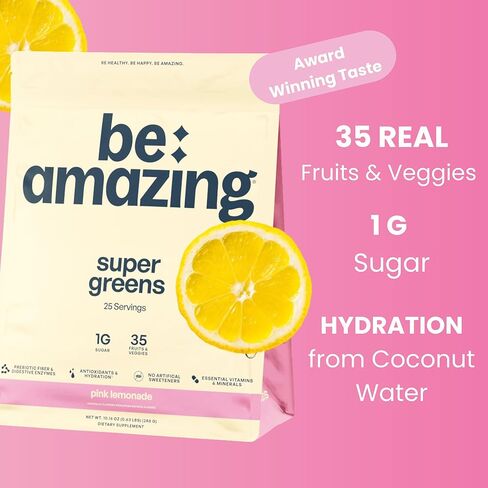 BEAM be Amazing Super Greens Powder with Prebiotics, Digestive Enzymes & Antioxidants | Energy Supplements, 17 Fruits & 8 Veggies | Gluten-Free Juice & Smoothie Mix | Sunny D, 20 Servings, 360 g in Kuwait