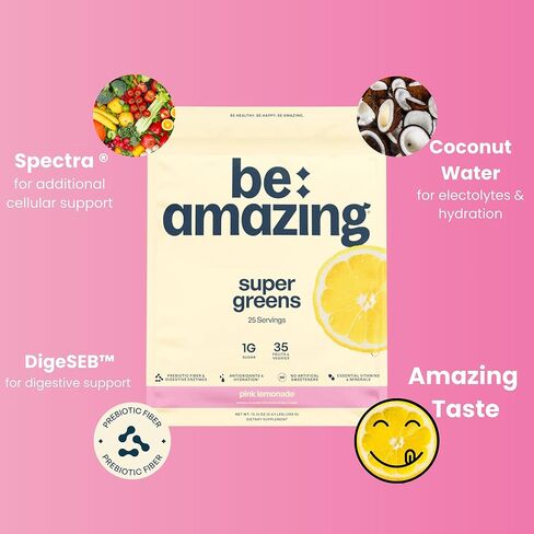 BEAM be Amazing Super Greens Powder with Prebiotics, Digestive Enzymes & Antioxidants | Energy Supplements, 17 Fruits & 8 Veggies | Gluten-Free Juice & Smoothie Mix | Sunny D, 20 Servings, 360 g in Kuwait