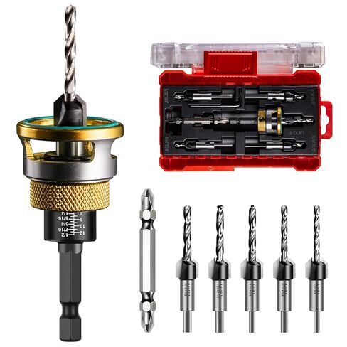 5Pcs Countersink Drill Bits Set with Low Friction Depth Stop, with 10Pcs Extra Replacement HSS Drill Bit, Adjustable Depth Stop for Wood, Plastic, Woodworking, 1/4" Quick Change Hex Shank in Kuwait