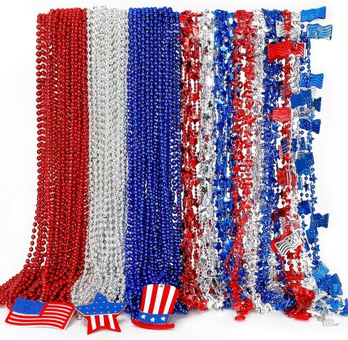 4th of July Necklace Accessories, 144PCS 4th of July Beads Decor, Patriotic Independence Day Red Blue White Necklaces USA Hat Flags Pendant, Metallic Necklace for Memorial Day Parades Party in Kuwait