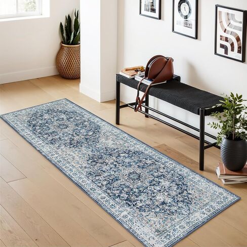 Beeiva Vintage Indoor Rug for Entryway, 2x3 Low Pile Washable Area Rug with Non Slip Backing, Small Entry Door Mat for Insides House, Bathroom, Bedside, Kitchen - Blue in Saudi Arabia