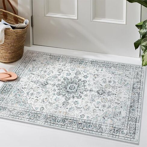 Beeiva Vintage Indoor Rug for Entryway, 2x3 Low Pile Washable Area Rug with Non Slip Backing, Small Entry Door Mat for Insides House, Bathroom, Bedside, Kitchen - Blue in Saudi Arabia