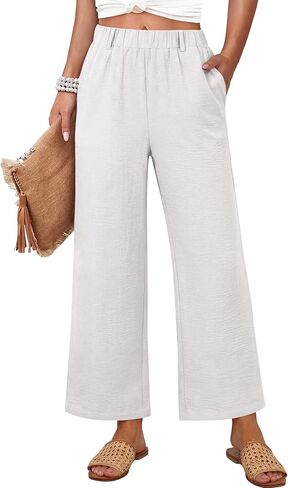 ANRABESS Wide Leg Pants for Women Summer Elastic Waist 2025 Casual Beach Vacation Cropped Palazzo Pants Trousers with Pocket in Kuwait