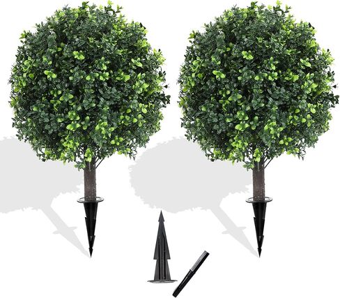 27.2" Artificial Boxwood Topiary Set of 2 with Spike, Fake Plants Boxwood Balls Greenery Bushes, Uv Resistant Artificial Outdoor Plants Shrubs for Front Porch Decor, Home Faux Plants Indoor in Kuwait