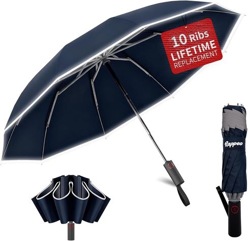 10-Rib Windproof Travel Umbrella,Automatic Folding Umbrella for Rain and Sun,Reverse Umbrella with Anti-rebound Protection,Reflective Safety Strips,Lightweight Portable for Men/Women in Saudi Arabia
