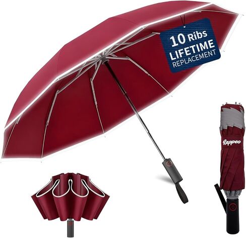 10-Rib Windproof Travel Umbrella,Automatic Folding Umbrella for Rain and Sun,Reverse Umbrella with Anti-rebound Protection,Reflective Safety Strips,Lightweight Portable for Men/Women in Saudi Arabia