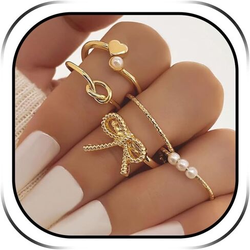 Frodete Gold Bow Rings Set for Women Trendy Ribbon Heart Rings Pearl Ring Silver Stackable Rings Adjustable Open Knuckle Midi Rings Jewelry Gifts in Kuwait