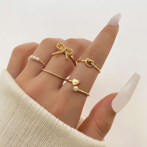 Frodete Gold Bow Rings Set for Women Trendy Ribbon Heart Rings Pearl Ring Silver Stackable Rings Adjustable Open Knuckle Midi Rings Jewelry Gifts in Kuwait