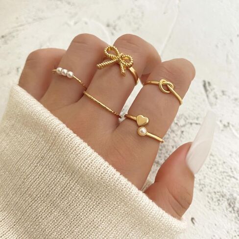 Frodete Gold Bow Rings Set for Women Trendy Ribbon Heart Rings Pearl Ring Silver Stackable Rings Adjustable Open Knuckle Midi Rings Jewelry Gifts in Kuwait