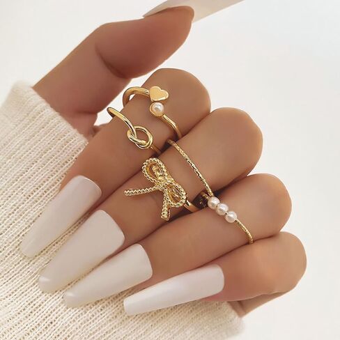 Frodete Gold Bow Rings Set for Women Trendy Ribbon Heart Rings Pearl Ring Silver Stackable Rings Adjustable Open Knuckle Midi Rings Jewelry Gifts in Kuwait