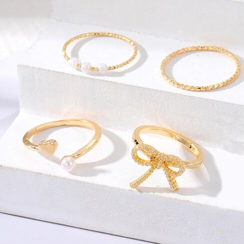 Frodete Gold Bow Rings Set for Women Trendy Ribbon Heart Rings Pearl Ring Silver Stackable Rings Adjustable Open Knuckle Midi Rings Jewelry Gifts in Kuwait