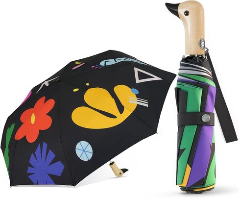 Cute Duck Umbrella Automatic - Compact Pretty Pocket Size Strong Duck Collapsible Umbrella Yellow Wooden Handle for Women in Saudi Arabia