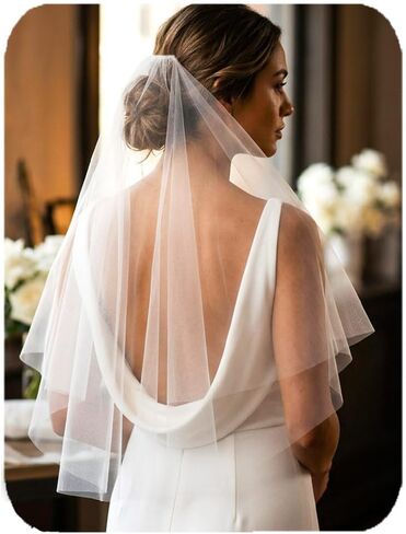 HEREAD Bride Wedding Veil 2 Tiers Waist Length Short Bridal Tulle Hair Accessoies with Comb and Cut Edge in Kuwait