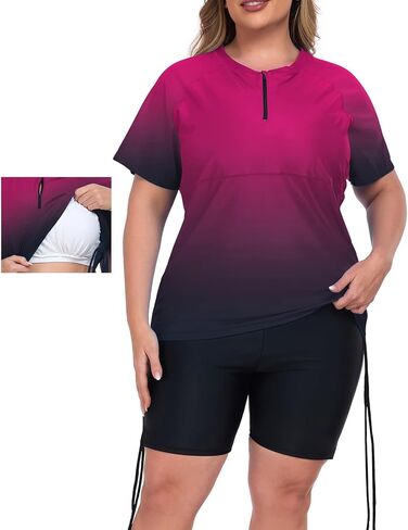 Inno Women's 2 Pcs Plus Size Rash Guard Set with Built-in Bra Zip Swim Top UPF 50+ Adjustable Ruched Side Swimsuit in Kuwait