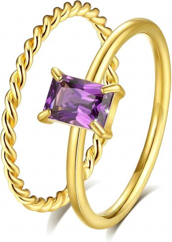 ALEXTINA 2 PCS Stackable Gold Birthstone Rings for Women Non Tarnish Dainty 14K Gold Plated Rings Set Thin Twisted Rope Band CZ Rings Personalized Birthday Gift in Kuwait