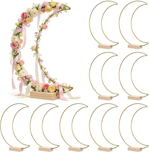 STOBAZA 10 Sets Metal Floral Hoop Centerpiece Moon Shaped Metal Wreath Ring with Wood Holder for DIY Wedding Table Decor Flower Garlands in Kuwait