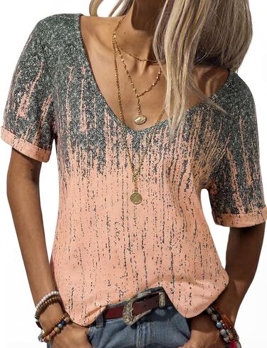 Danedvi Women Fashion Deep V-Neck Short Sleeve Tops Solid Casual Loose Basic T Shirt in Kuwait