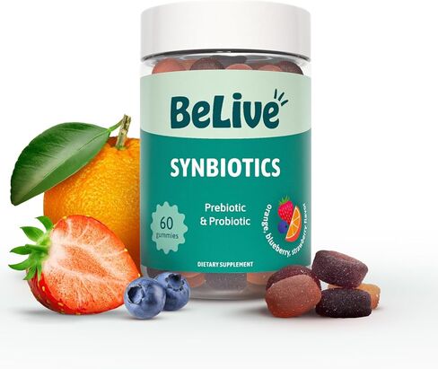 BeLive Synbiotics Prebiotics & Probiotic Gummies - Bacillus Coagulans, Chicory Root & Inulin, Dietary Fiber Supplement, Digestive Support for Kids & Adults - Strawberry, Lemon & Blueberry | 2-Pack in Kuwait