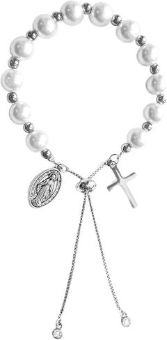 Rosary Cross Pearl Bracelet Rosary Baptism Communion Catholic Confirmation Easter Gifts,Adjustable,Design for All Ages (silvery) in Kuwait