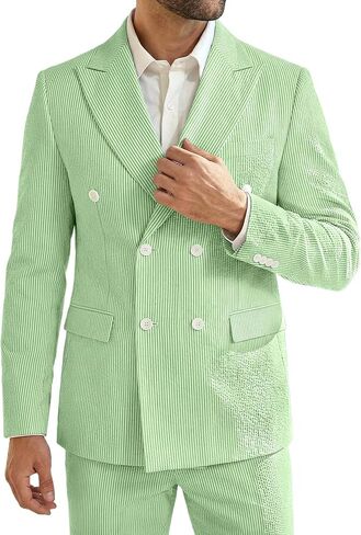 Mens Suit Summer Seersucker 2 Piece Double Breasted Buckle Striped Tuxedos for Men Wedding Suits Cotton Beach Party in Saudi Arabia