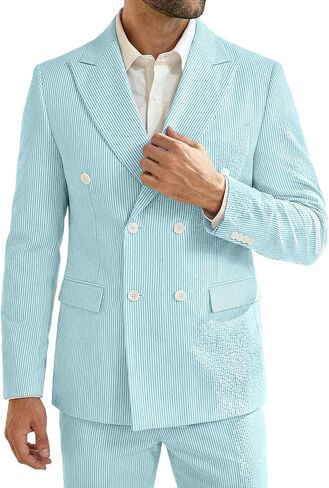 Mens Suit Summer Seersucker 2 Piece Double Breasted Buckle Striped Tuxedos for Men Wedding Suits Cotton Beach Party in Kuwait