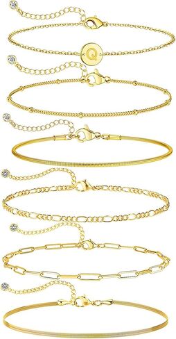 Gold Bracelets for Women, 6PCS 14K Real Gold Plated Letter A-Z Stackable Jewelry Set for Adjustable 6"+2" in Kuwait