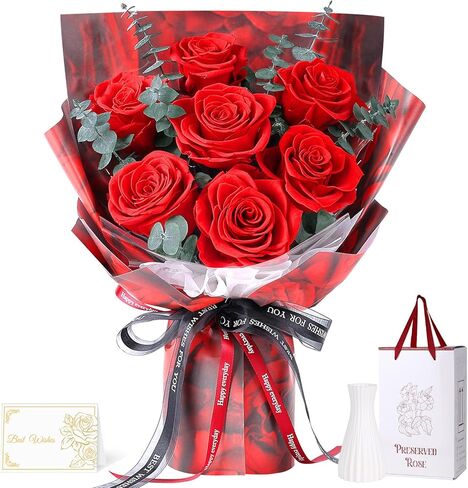 باقة الزهور المحفوظة 7 الورود - RED Real Rose & Flowers للتسليم ، زهرة طويلة الأمد مع صندوق الهدايا ، باقة الورود الأبدية للأمهات والأم والزوجة والذكرى عيد ميلاد للنساء in Kuwait
