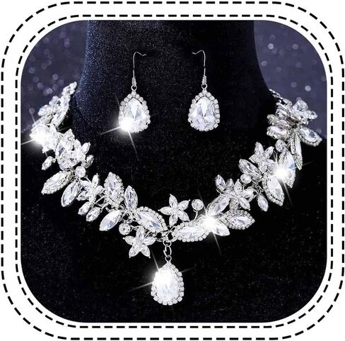 Unicra Crystal Bridal Wedding Jewelry Set Rhinestone Necklace Earrings Sets Formal Costume Jewelry for Women and Brides in Kuwait