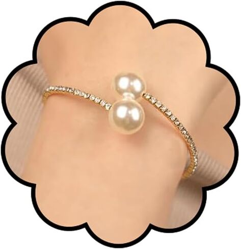 Glitter Crystal Rhinestone Cuff Bracelet Layered Pearl Adjustable Tennis Bangle Bracelet Bridal Jewelry Accessories for Women in Kuwait