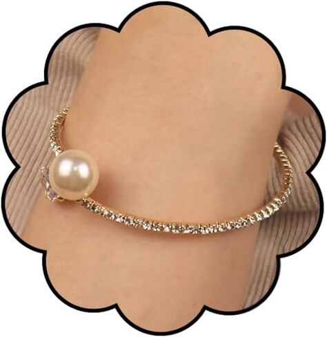 Glitter Crystal Rhinestone Cuff Bracelet Layered Pearl Adjustable Tennis Bangle Bracelet Bridal Jewelry Accessories for Women in Kuwait