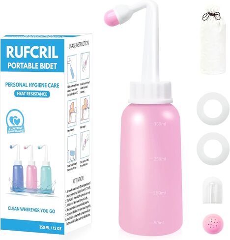 زجاجة Rufcril mini peri ، بيديت سفر محمول 350 مل مع حلقة إضافية وحقيبة ، مادة TPE لمقاومة درجة الحرارة العالية ، والضروريات لرعاية العجان بعد الولادة ، والعلاج النزفي ، والوردي in Kuwait