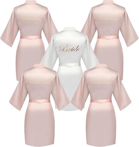 5 Pcs Bridesmaid Kimono Robe sets Bride Silky Wedding Day Bathrobe Embroidered Getting Ready in Kuwait