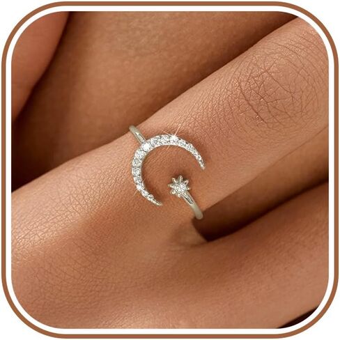 SUYACS 925 Sterling Silver Star and Moon Rings for Women 14K Gold Plated Adjustable Open Moon CZ Statement Ring Crescent Finger Ring Jewelry Birthday Engagement Gifts to Daughter in Kuwait