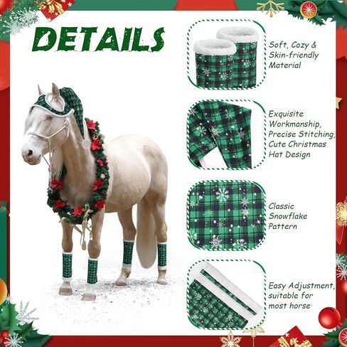 Geyoga 11 Pcs Christmas Horse Accessory Includes Santa Horse Hat with Fleece Trim 4 Pcs Horse Leg Wraps with 6 Pcs Ribbon Bow Horse Hair Ties for Horse Decoration for Holiday Christmas Horse Costume in Saudi Arabia