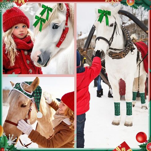 Geyoga 11 Pcs Christmas Horse Accessory Includes Santa Horse Hat with Fleece Trim 4 Pcs Horse Leg Wraps with 6 Pcs Ribbon Bow Horse Hair Ties for Horse Decoration for Holiday Christmas Horse Costume in Saudi Arabia