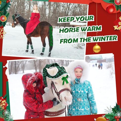 Geyoga 11 Pcs Christmas Horse Accessory Includes Santa Horse Hat with Fleece Trim 4 Pcs Horse Leg Wraps with 6 Pcs Ribbon Bow Horse Hair Ties for Horse Decoration for Holiday Christmas Horse Costume in Saudi Arabia