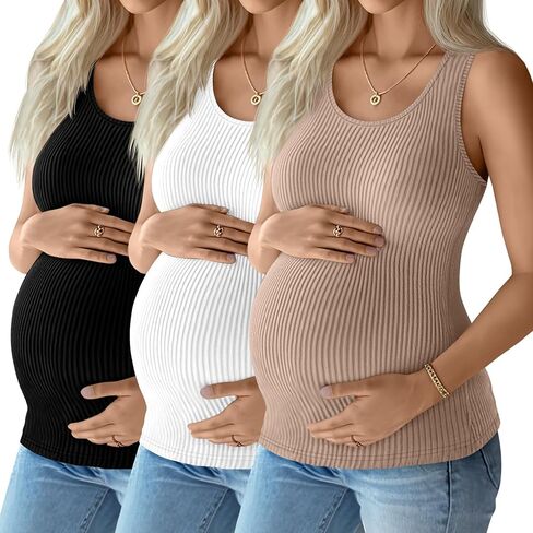 3 Pack Women's Maternity Tank Tops Sleeveless Racerback Summer Pregnancy Shirts Ribbed Cotton Knit Mama Clothes in Saudi Arabia