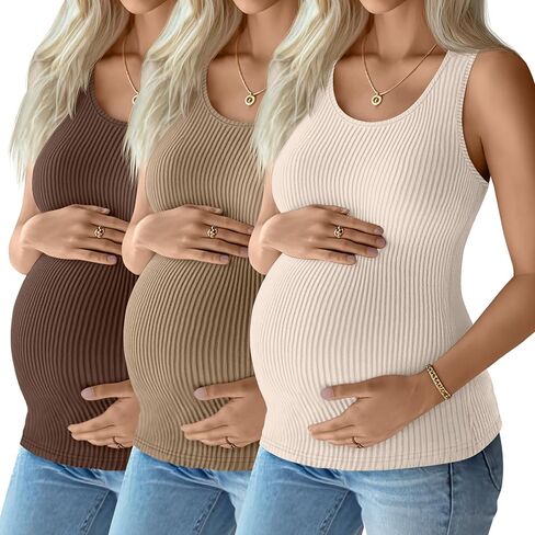 3 Pack Women's Maternity Tank Tops Sleeveless Racerback Summer Pregnancy Shirts Ribbed Cotton Knit Mama Clothes in Saudi Arabia