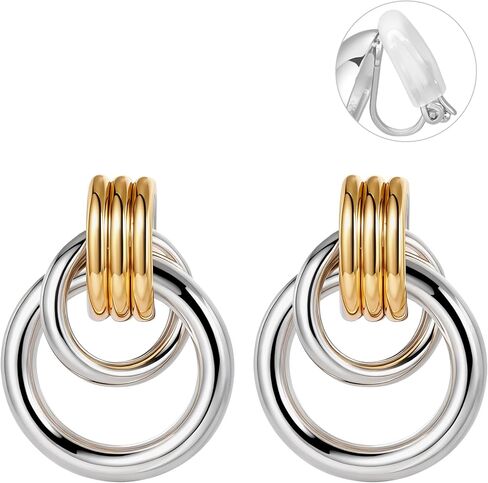 Clip on Earrings for Women Hypoallergenic Two Tone Clip on Earrings Gold and Silver Drop Dangle Earrings Mixed Metal Jewelry for Women Fashion Trendy Jewelry Gifts in Kuwait