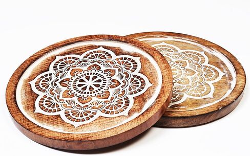 Wooden Set of 2 Square Trivet for Hot Dishes Plates & Pots Holder Hot Pad for Kitchen & Dining Table Décor Cookware Heat Resistant Rustic Decorative Carvings 8 Inches in Kuwait