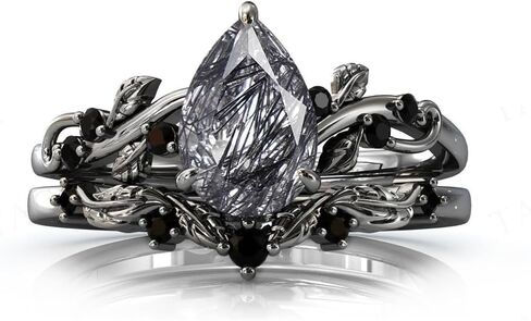 الطبيعية ذات الكمثرى الأسود الأسود خاتم خطوبة كوارتز مجموعة 925 من الفضة الاسترليني لها مع هدية مجوهرات نقش مجانية للنساء السود in Kuwait