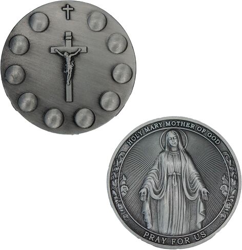 Catholic Rosary Challenge Coin, Religious Medallion with Holy Mary and Crucifix, Antique Silver Finish in Saudi Arabia